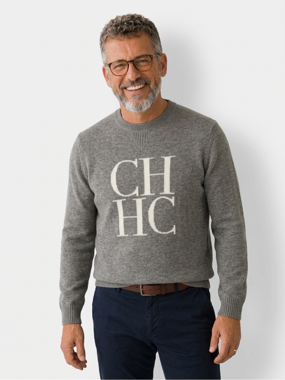 Carolina Herrera Grey Crewneck with CH HC Logo